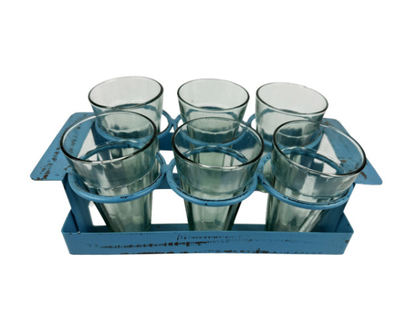 Chai Träger blau mit 6 Gläsern